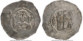 Sobeslaw II Denar ND (1173-1178) AU58 NGC, Frynas-B.18.2. 17mm. 0.87gm. Facing bust, raising both hands / Saint standing right, present crozier to fig...