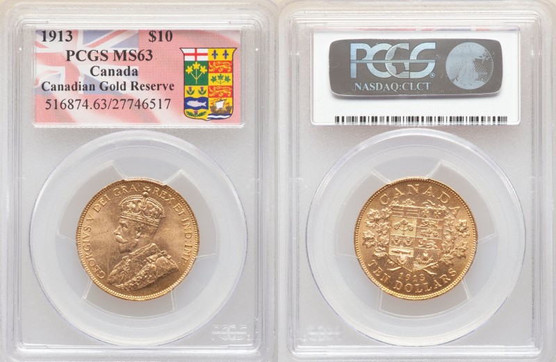 George V gold 10 Dollars 1913 MS63 PCGS, Ottawa mint, KM27. AGW 0.4838 oz. 

H...