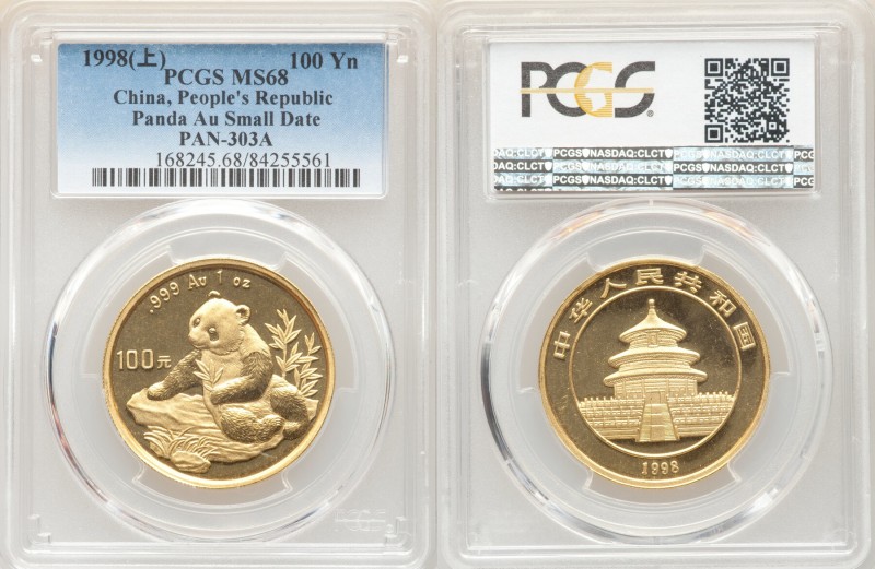 People's Republic gold "Small Date" Panda 100 Yuan (1 oz) 1998 MS68 PCGS, KM1130...