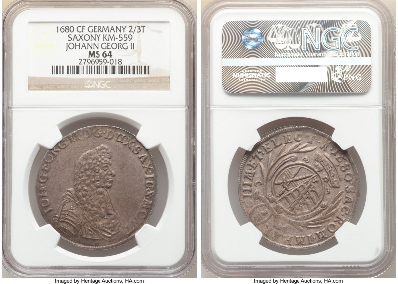 Saxony. Johann Georg II 2/3 Taler 1680-CF MS64 NGC, Dresden mint, KM559. Highest...