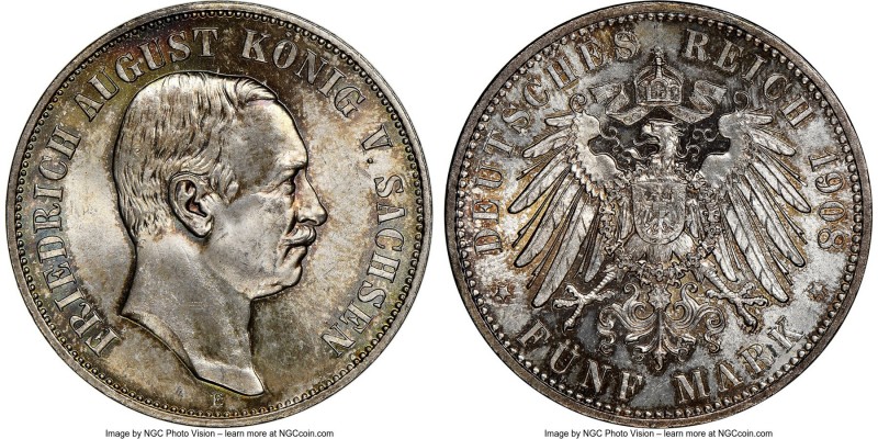 Saxony. Friedrich August III 5 Mark 1908-E MS66+ NGC Muldenhutten mint, KM1266. ...