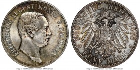 Saxony. Friedrich August III 5 Mark 1908-E MS66+ NGC Muldenhutten mint, KM1266. Lustrous and draped in taupe-gray toning. From the Amsterdam Collectio...