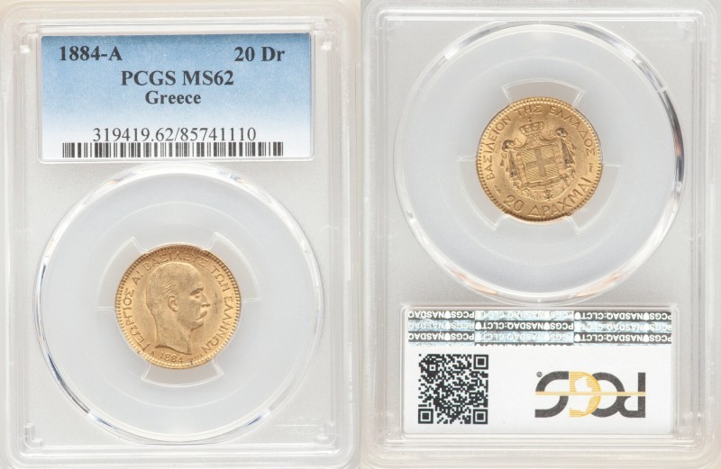 George I gold 20 Drachmai 1884-A MS62 PCGS, Paris mint, KM56. One year type. AGW...