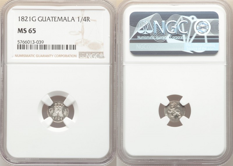 Ferdinand VII 1/4 Real 1821-G MS65 NGC, Nueva Guatemala mint, KM72. Semi-proofli...