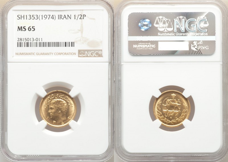 Muhammad Reza Pahlavi gold 1/2 Pahlavi SH 1353 (1974) MS65 NGC, KM1161. AGW 0.11...