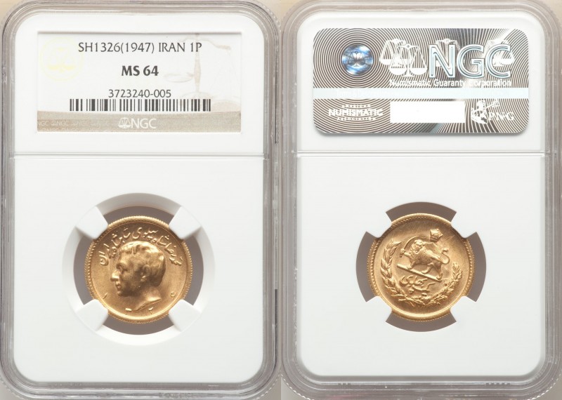 Muhammad Reza Pahlavi gold Pahlavi SH 1326 (1947) MS64 NGC, KM1150. AGW 0.2354 o...