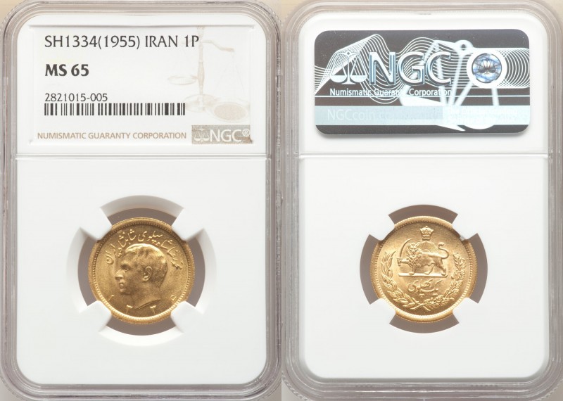 Muhammad Reza Pahlavi gold Pahlavi SH 1334 (1955) MS65 NGC, KM1162. AGW 0.2354 o...