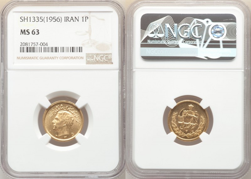 Muhammad Reza Pahlavi gold 1/2 Pahlavi SH 1335 (1956) MS63 NGC, KM1161. Holder l...