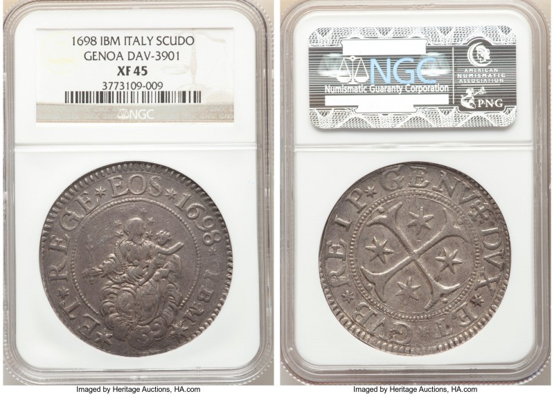 Genoa. Republic Scudo 1698-IBM XF45 NGC, KM79, Dav-3901. Lavender-gray toning. ...