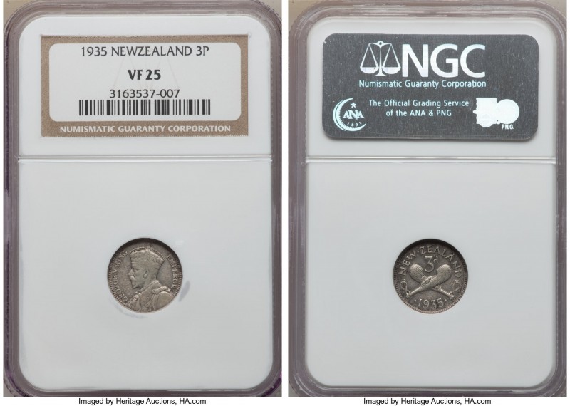 George V 3 Pence 1935 VF25 NGC, KM1. Mintage: 40,000. Key date and lowest mintag...