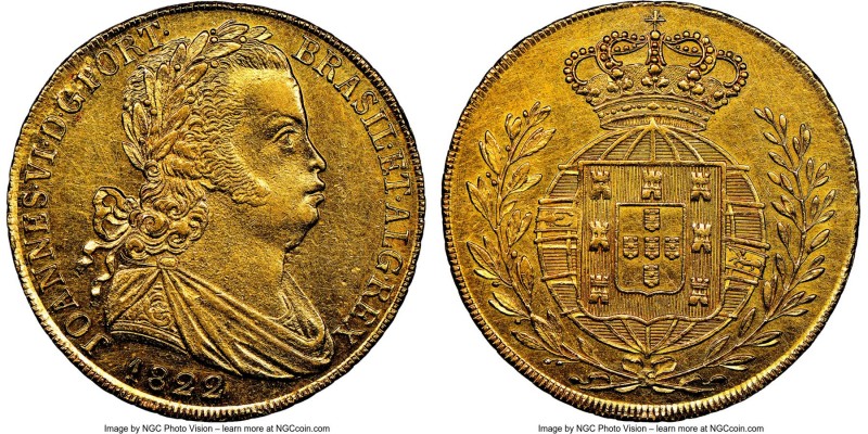 João VI gold 6400 Reis (Peça) 1822 MS60 NGC, Lisbon mint, KM364. AGW 0.4228 oz. ...