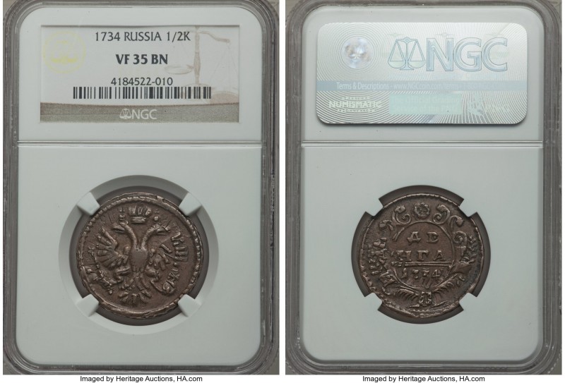 Anna 1/2 Kopeck (Denga) 1734 VF35 Brown NGC, KM188.

HID09801242017

© 2020 ...