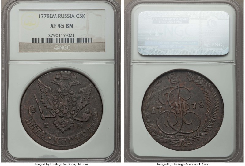 Catherine II 3-Piece Lot of Certified 5 Kopecks, 1) 1778-EM XF45 Brown NGC, KM-C...