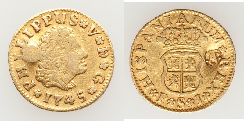 Philip V gold Counterstamped 1/2 Escudo 1745 S-PJ VF, Seville mint, KM361.2. 14....