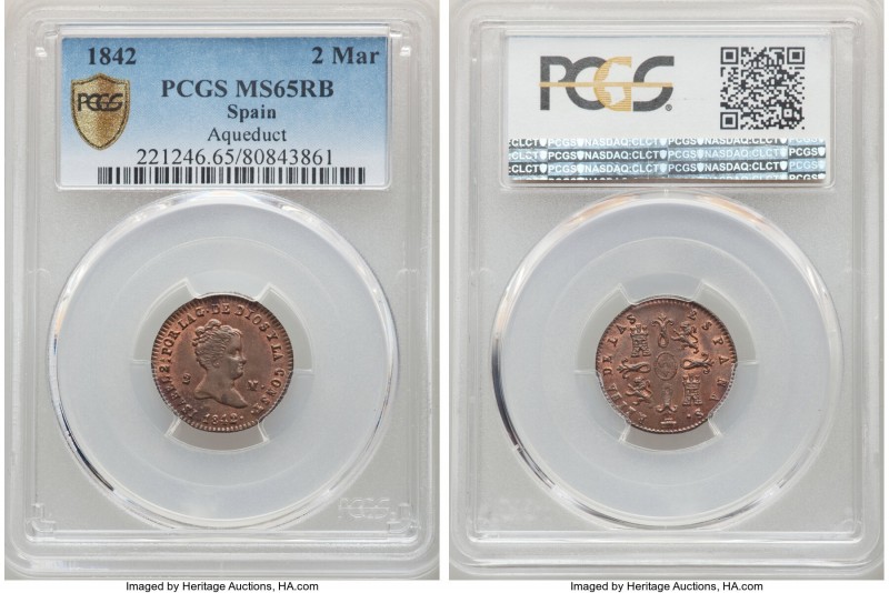 Isabel II 2 Maravedis 1842 MS65 Red and Brown PCGS, Segovia mint (aqueduct mintm...