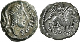 CELTIC, Northwest Gaul. Carnutes. Pixtilos, circa 50-30 BC. AE (Bronze, 17 mm, 3.00 g, 11 h), 'au cavalier' type. PIXTILOS Male head to right, hair en...