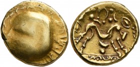 CELTIC, Northeast Gaul. Ambiani. Circa 60-30 BC. Stater (Gold, 18 mm, 6.22 g). Large bulge. Rev. Celticized horse galloping to right, horseman transfo...