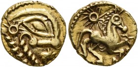 CELTIC, Northeast Gaul. Bellovaci. Circa 60-30/25 BC. 1/4 Stater (Gold, 11 mm, 1.52 g, 4 h), 'à l'astre' type. Devolved and disjointed male head to ri...