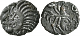 CELTIC, Northeast Gaul. Bellovaci. Circa 60-30/25 BC. AE (Bronze, 17 mm, 2.84 g, 1 h). Schematic head to left, surrounded by a leonine mane of hair. R...