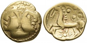 CELTIC, Northeast Gaul. Mediomatrici. 2nd century BC. 1/4 Stater (Gold, 13 mm, 1.78 g, 3 h), 'type janiforme'. Janiform male head with prominent noses...