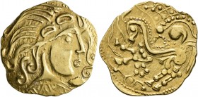 CELTIC, Northeast Gaul. Parisii. Late 2nd to mid 1st century BC. Stater (Gold, 26 mm, 7.00 g, 3 h), Mint A, Class 5. Celticized head of Apollo to righ...