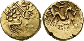 CELTIC, Northeast Gaul. Suessiones. Late 2nd to mid 1st century BC. Stater (Gold, 18 mm, 6.13 g, 3 h), 'à l'oeil' type. Devolved laureate head of Apol...