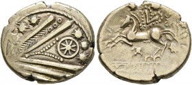 CELTIC, Northeast Gaul. Treveri. Circa 60-30/25 BC. Stater (Electrum, 19 mm, 5.46 g, 12 h), Pottina. Devolved and disjointed male head to right with t...