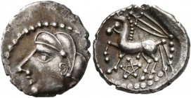 CELTIC, Central Gaul. Bituriges Cubi. Circa 80-50 BC. Quinarius (Silver, 15 mm, 2.00 g, 10 h), 'à l'épée' type. Celticized male head with thick locks ...