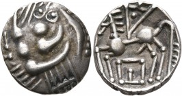 CELTIC, Southern Gaul. Elusates. Circa 2nd century BC. Drachm (Silver, 17 mm, 3.10 g). Devolved and disjointed male head to left. Rev. Stylized horse ...