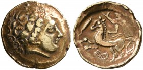 CELTIC, Central Europe. Helvetii. Late 2nd to early 1st century BC. 1/4 Stater (Gold, 14 mm, 1.83 g, 11 h), 'au croissant' type. Celticized laureate h...