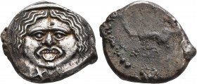 ETRURIA. Populonia. Circa 300-250 BC. 20 Asses (Silver, 23 mm, 8.52 g). Diademed facing head of Metus with protruding tongue; below, X:X (mark of valu...