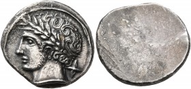 ETRURIA. Populonia. Circa 300-250 BC. 10 Asses (Silver, 18 mm, 4.17 g). Laureate and slightly bearded head of Aplu to left; behind, X (mark of value)....