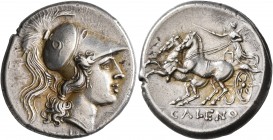 CAMPANIA. Cales. Circa 268-260 BC. Didrachm or Nomos (Silver, 23 mm, 7.35 g, 6 h). Head of Athena-Minerva to right, wearing crested Corinthian helmet ...