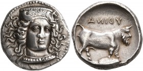 CAMPANIA. Hyria. Circa 395-385 BC. Didrachm or Nomos (Silver, 21 mm, 7.46 g, 4 h). Head of Hera Lakinia facing slightly to right, wearing stephane orn...