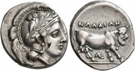 CAMPANIA. Nola. Circa 400-385 BC. Didrachm or Nomos (Silver, 22 mm, 7.26 g, 8 h). Head of Athena to right, wearing laureate and crested Attic helmet d...