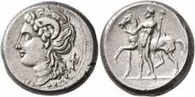 CAMPANIA. Nuceria Alfaterna. Circa 250-225 BC. Didrachm or Nomos (Silver, 20 mm, 7.26 g, 10 h). 'nuvkrinum alafaternum' (in Oscan) Head of Karneios to...