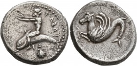 CALABRIA. Tarentum. Circa 465-455 BC. Didrachm or Nomos (Silver, 20 mm, 7.88 g, 10 h). TAPA S Youthful oikist, nude, riding dolphing to left, extendin...