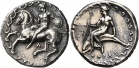CALABRIA. Tarentum. Circa 355-340 BC. Didrachm or Nomos (Silver, 22 mm, 7.78 g, 5 h). Nude warrior, holding bridles in his right hand and carrying sma...