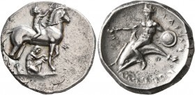 CALABRIA. Tarentum. Circa 340-335 BC. Didrachm or Nomos (Silver, 23 mm, 7.79 g, 4 h). Nude youth riding horse walking to right, raising his right hand...