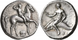 CALABRIA. Tarentum. Circa 302 BC. Didrachm (Silver, 21 mm, 7.69 g, 11 h), Sa... and Kon..., magistrates. Nude youth on horseback to right, crowning hi...