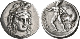 LUCANIA. Herakleia. Circa 390-340 BC. Didrachm or Nomos (Silver, 22 mm, 7.63 g, 11 h). Head of Athena facing three-quarters to right, wearing triple-c...