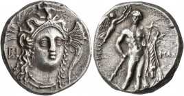 LUCANIA. Herakleia. Circa 281-278 BC. Didrachm or Nomos (Silver, 20 mm, 7.76 g, 7 h). Head of Athena facing three-quarters to right, wearing triple-cr...