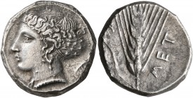 LUCANIA. Metapontion. Circa 375 BC. Didrachm or Nomos (Silver, 20 mm, 7.72 g, 2 h), signed by Aristoxenos. Head of Demeter to left, wearing pendant ea...