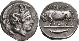 LUCANIA. Thourioi. Circa 443-400 BC. Didrachm or Nomos (Silver, 23 mm, 7.90 g, 11 h), by Phrygillos. Head of Athena to right, wearing helmet adorned, ...