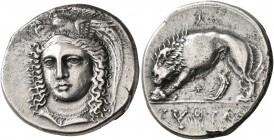 LUCANIA. Velia. Circa 334-300 BC. Didrachm or Nomos (Silver, 21 mm, 7.66 g, 9 h), signed by Kleudoros. Head of Athena facing slightly to left, wearing...