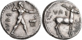BRUTTIUM. Kaulonia. Circa 475-425 BC. Didrachm or Nomos (Silver, 22 mm, 7.94 g, 11 h). KAVΛ Apollo, nude, striding right, holding laurel branch in his...