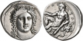 BRUTTIUM. Kroton. Circa 360-340 BC. Didrachm or Nomos (Silver, 22 mm, 7.76 g, 5 h). Head of Hera Lakinia facing slightly to right, wearing stephane or...