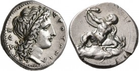 BRUTTIUM. Kroton. Circa 350-340 BC. Didrachm or Nomos (Silver, 20 mm, 7.74 g, 3 h). ΚΡΟΤΟΝΙΑ-ΤΑΣ Laureate head of Apollo with long hair to right. Rev....