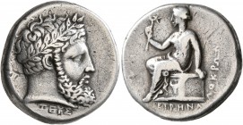 BRUTTIUM. Lokroi Epizephyrioi. Circa 350-330 BC. Stater (Silver, 20 mm, 7.18 g, 3 h), perhaps 346. &#67846;EYΣ Laureate and bearded head of Zeus to ri...