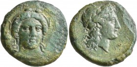 BRUTTIUM. Medma. Circa 350-300 BC. AE (Bronze, 22 mm, 8.33 g, 10 h). Head of the nymph Medma facing slightly to right, wearing wreath of barley ears, ...